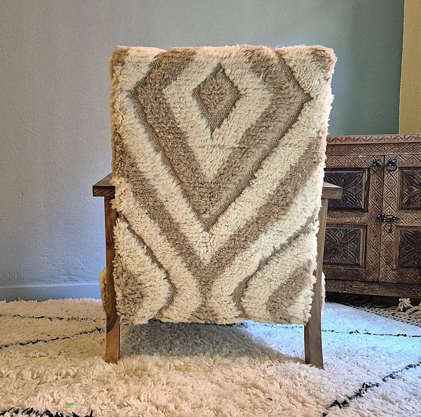 Luxury Moroccan Bouclé Walnut Armchair