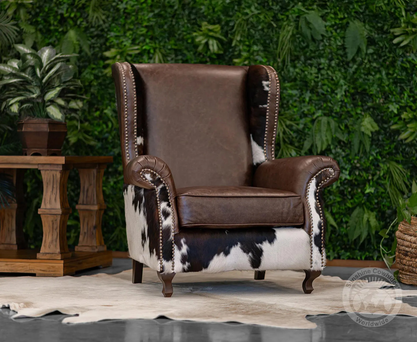 Leather & Cowhide Rustic Wingback Chair