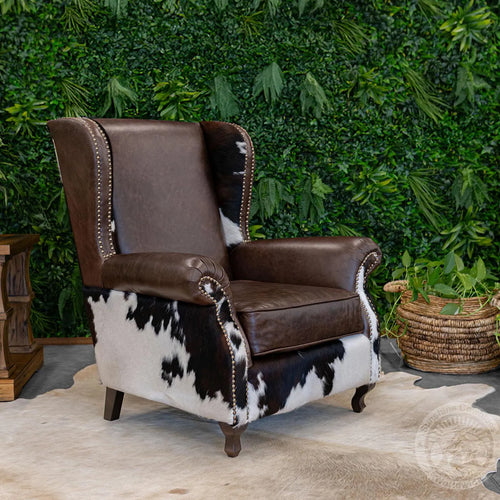 Leather & Cowhide Rustic Wingback Chair
