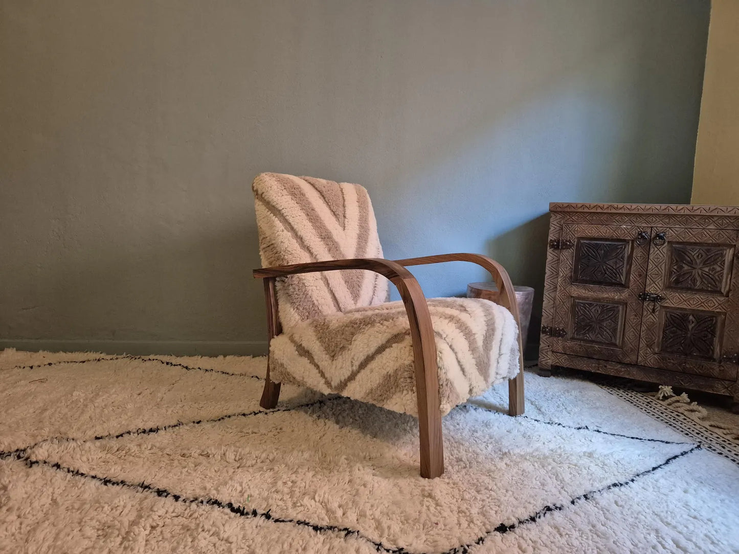 Luxury Moroccan Bouclé Walnut Armchair