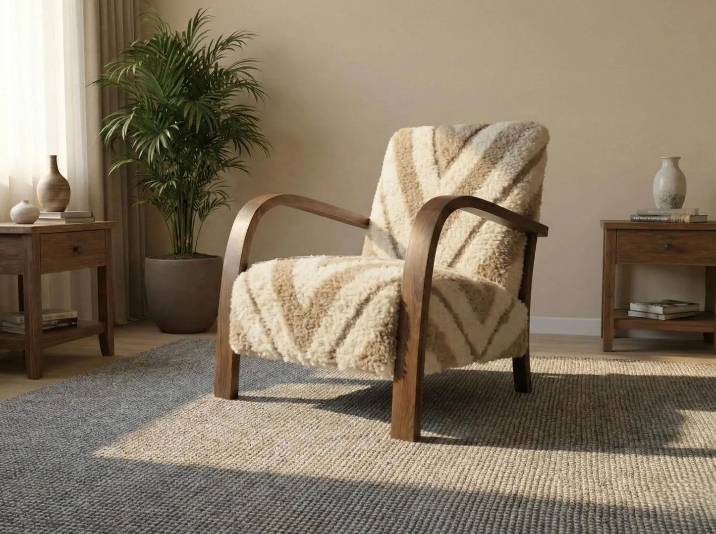 Luxury Moroccan Bouclé Walnut Armchair