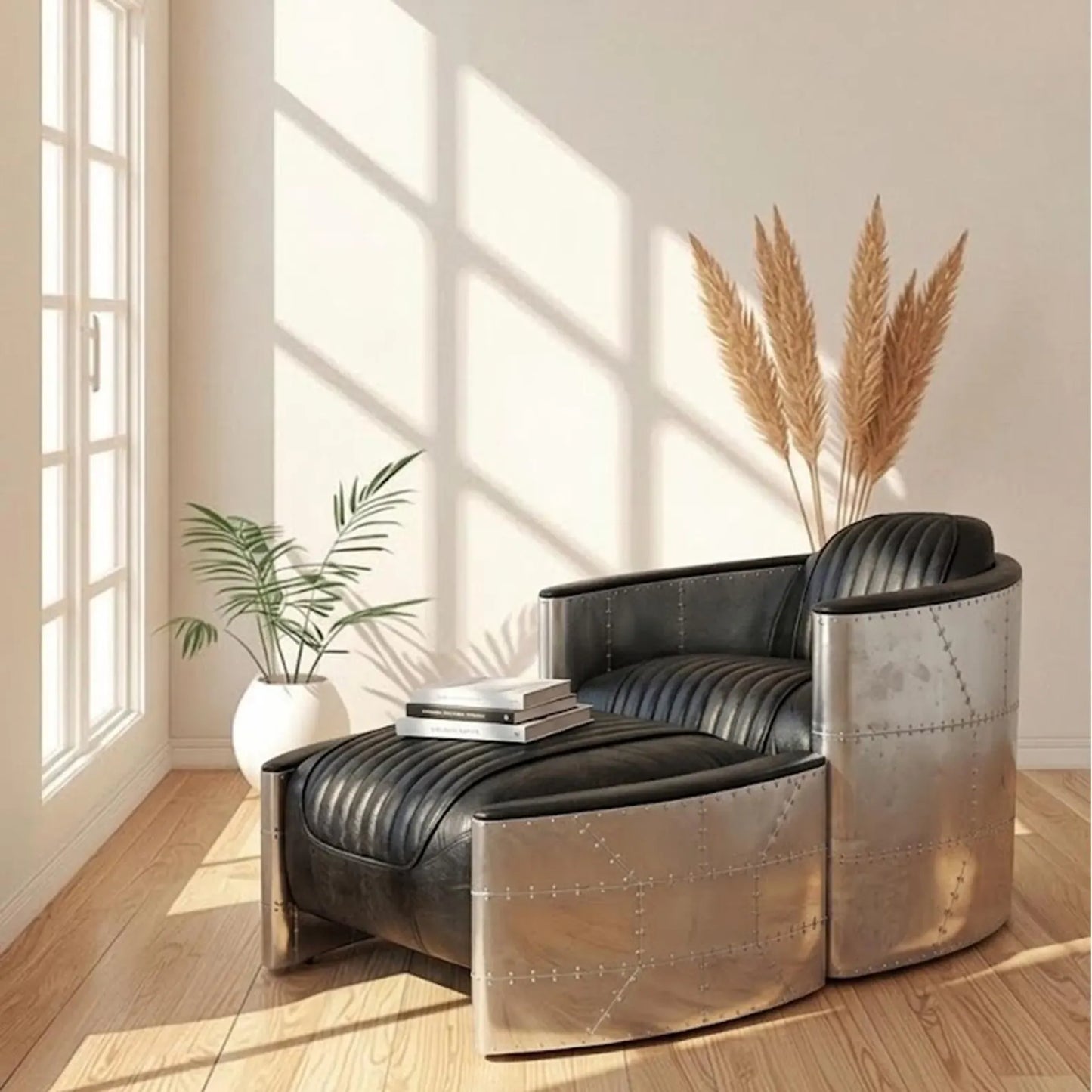 Aviator Leather Chaise Lounge with Ottoman