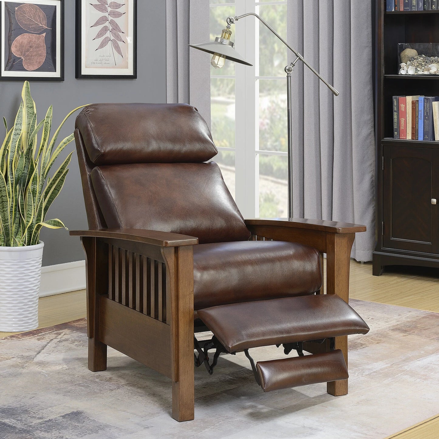 Handcrafted Leather Recliner with Wood Arms