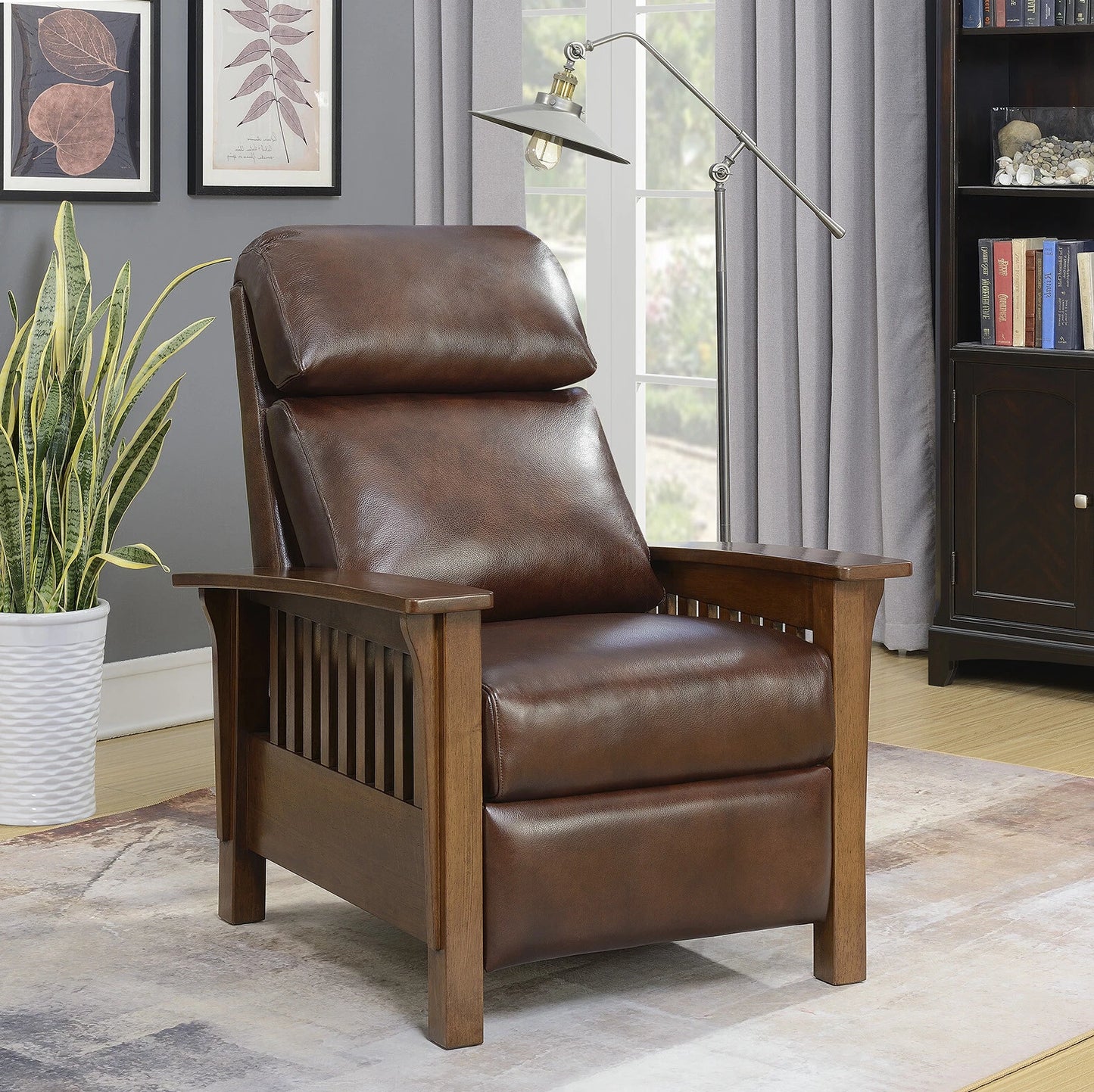 Handcrafted Leather Recliner with Wood Arms